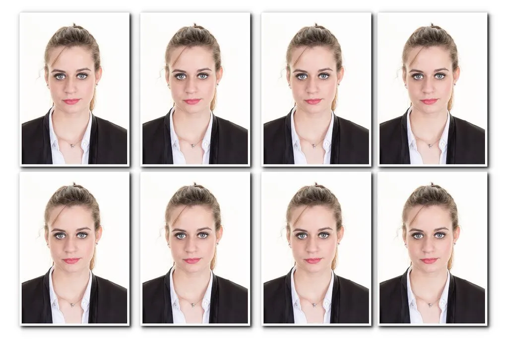Group of 8 visa photos of young woman on a white background.